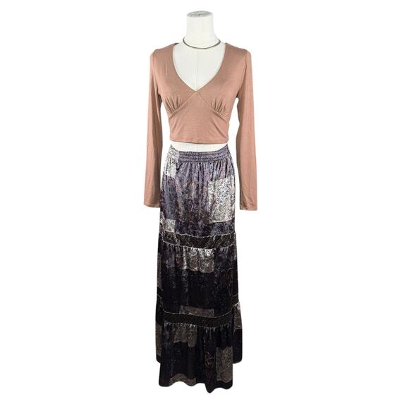 Velvet Patchwork Maxi Skirt | Boho Gypsy Vintage Style Tiered Long Skirt | Small - Picture 2 of 13